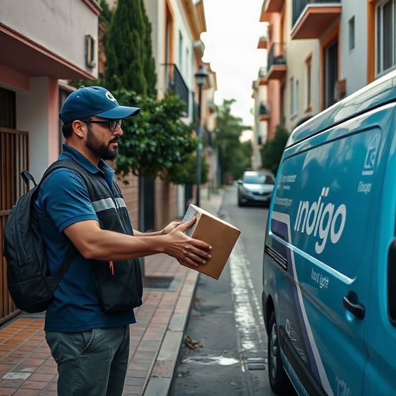 Repartidor de Lumenolumen entregando un paquete en zona residencial